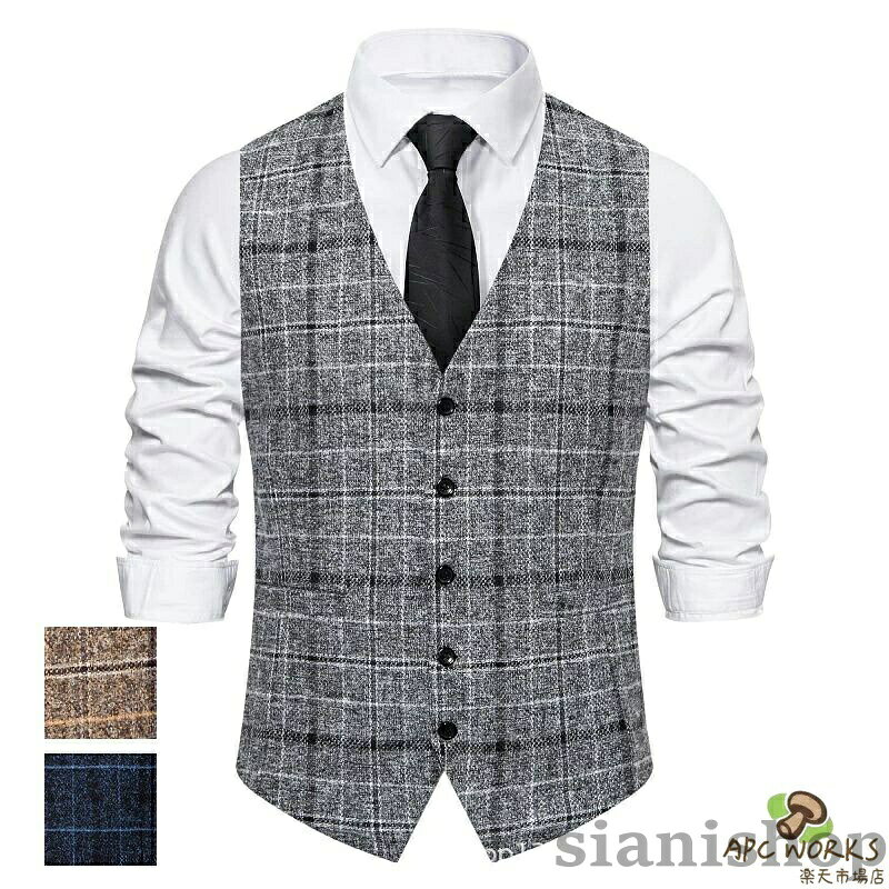 Vests - ネクタイ贈 ベスト メンズ スーツ ジレベスト チェック柄 S〜2XL スリム 尾錠付き 春夏秋冬 スーツ仕立て チョッキ フィット ビジネス 結婚式 ビジ シルエット フォーマル 成人式