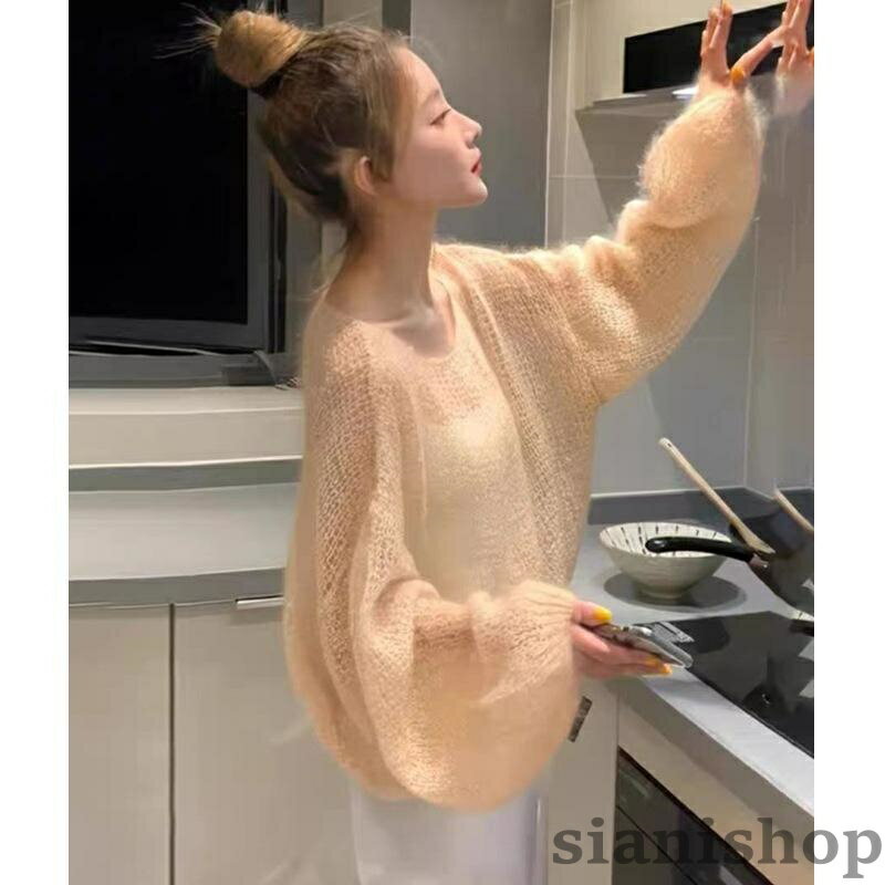 Sweater - ニットセーター レディース 透かし編み 長袖 クルーネック無地シンプルベーシック定番スタンダードナチュラルカジュアル ゆったり プルオーバー