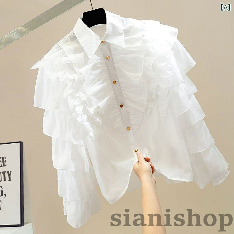 Sianiのレディース シャツ スイート アシンメトリー レイヤード フリル 切り替え シングルボタン ベーシック エレガント シースルー 透け感 軽やか オーガンジー｜アングル2