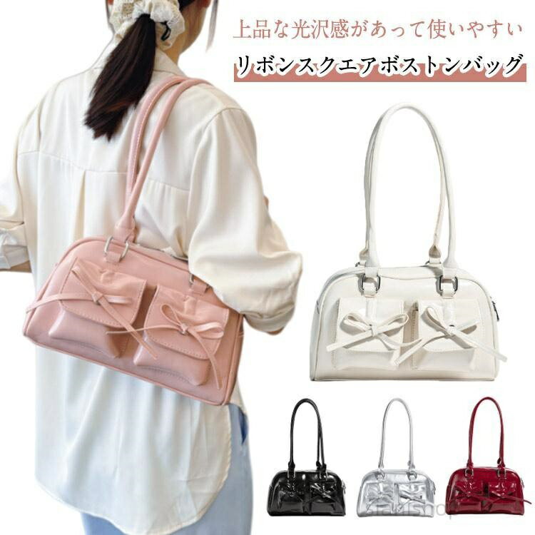 Formal Bags - 自立 肩掛けバッグ レディース ロングハンドル ハンドバッグ スクエアミニボストンバッグ ミニバッグ リボン 肩掛け ダブルポケット ショルダーバッグ