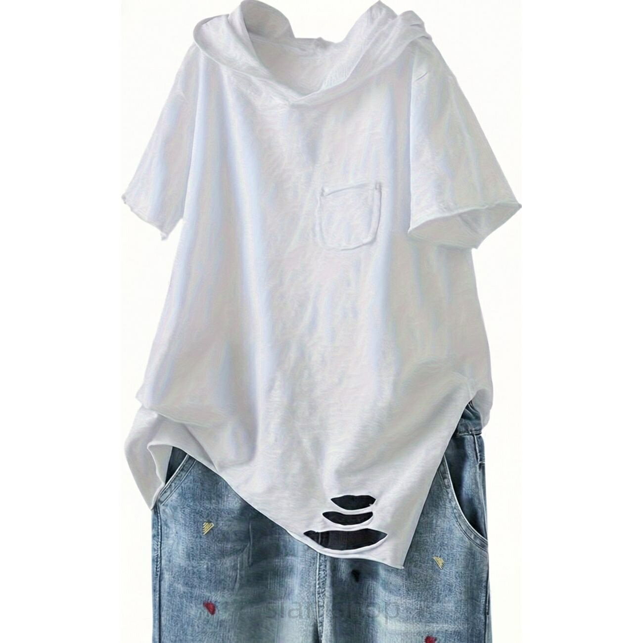 樂天商城 - パーカー Tシャツ レディース 半袖 フード付き ゆったり オーバーサイズ ダメージ加工 胸ポケット トップス カジュアル おしゃれ 可愛い 体型カバー 綿 柔らかい ホワイト 夏 春