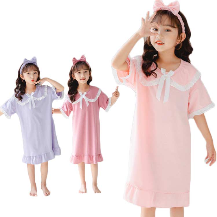 Rakuten - キッズ 女の子 半袖 薄手 無地 コットン ルームウェア リボン レース付き ワンピース 子供パジャマ ジュニア ルームワンピース 姫系 春 夏 キッズパジャマ かわいい ガールズパジャマ