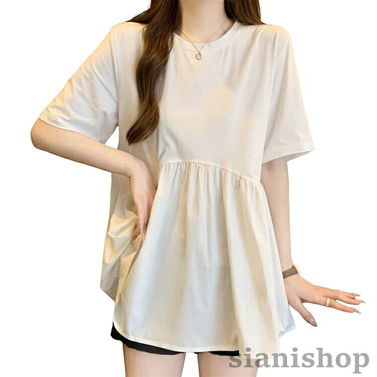 ギャザー トップス tシャツ ペプラム カットソー レディース ドッキング 夏服 カジュアル きれいめ シンプル 体型カバー ゆったり 無地 高見え 裾ペプラム ペプラムTシャツ 切り替え sianishop-10026295 Siani サンプル画像2