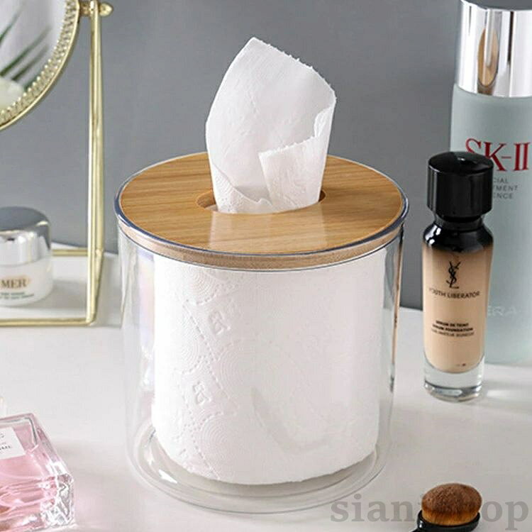Sianiのトイレットペーパーホルダー 竹製蓋 卓上 壁掛け トイレットペーパーケース ティッシュケース 円形 クリア 透明 ロールペーパーホルダー 収納 カバー ペーパーホルダー おしゃれ｜アングル3