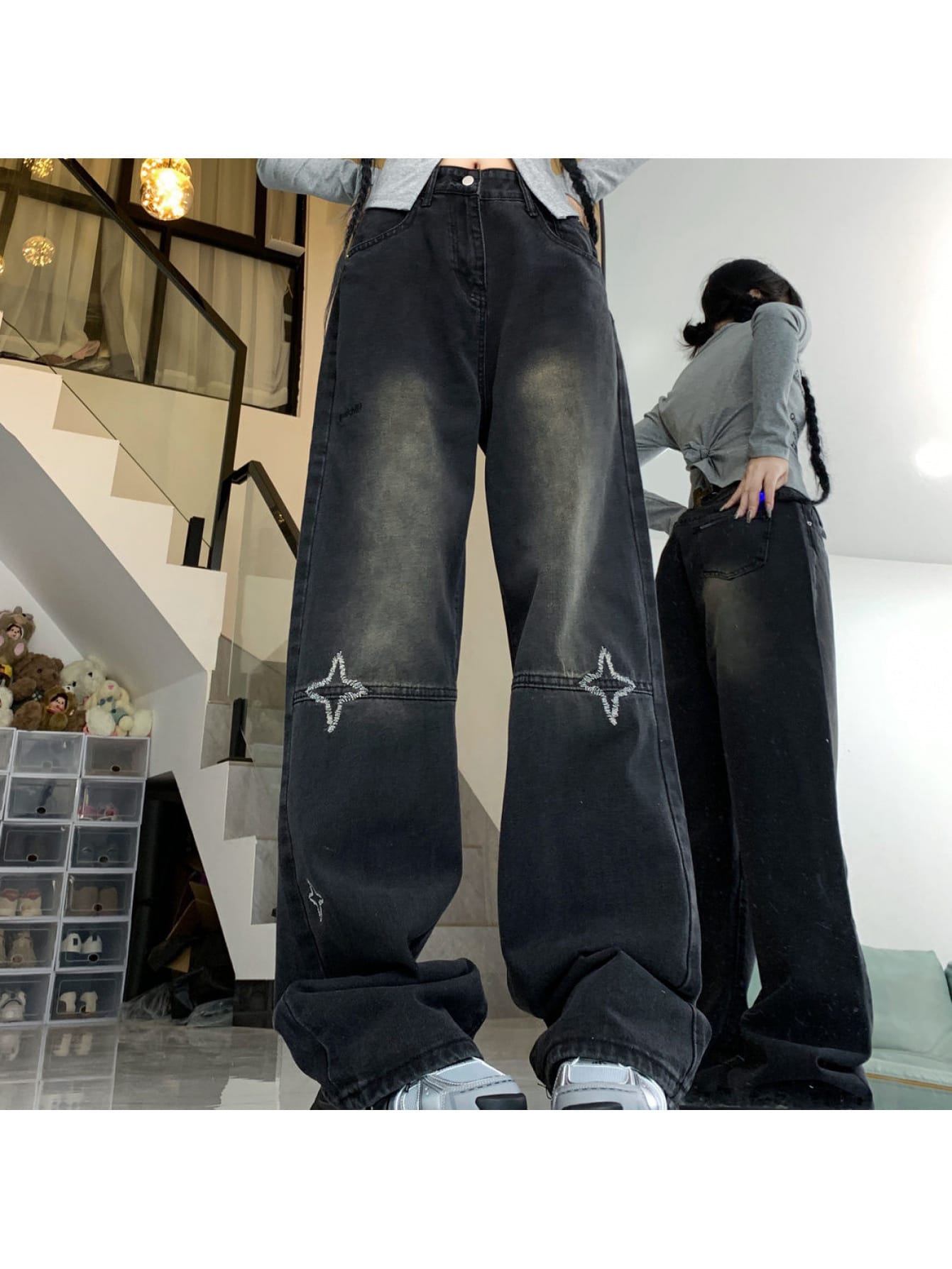 Rakuten - デニム パンツ レディース ジーンズ 星 ハイウエスト ワイドパンツ ストレート ジーパン ゆったり ヴィンテージ風 ストリート カジュアル 秋 夏 春
