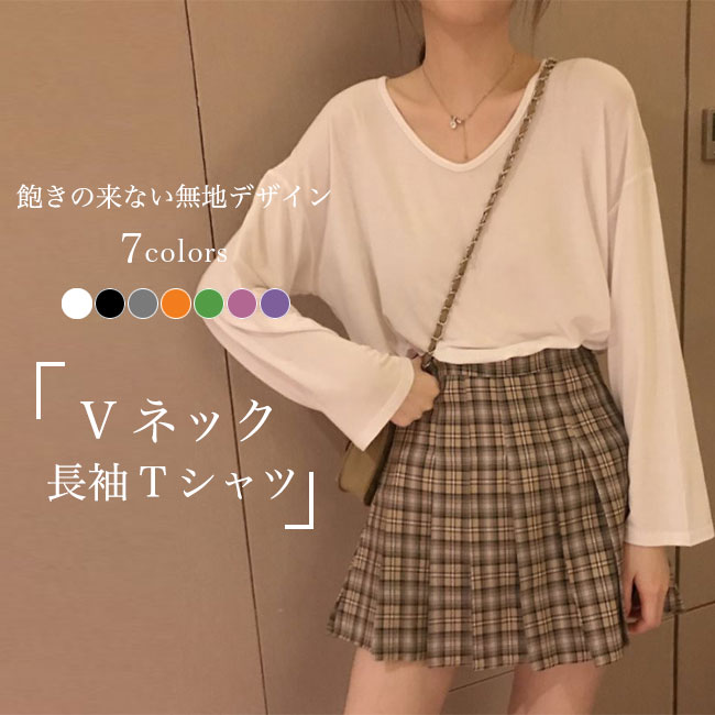 TシャツVネック長袖レディース白t...
