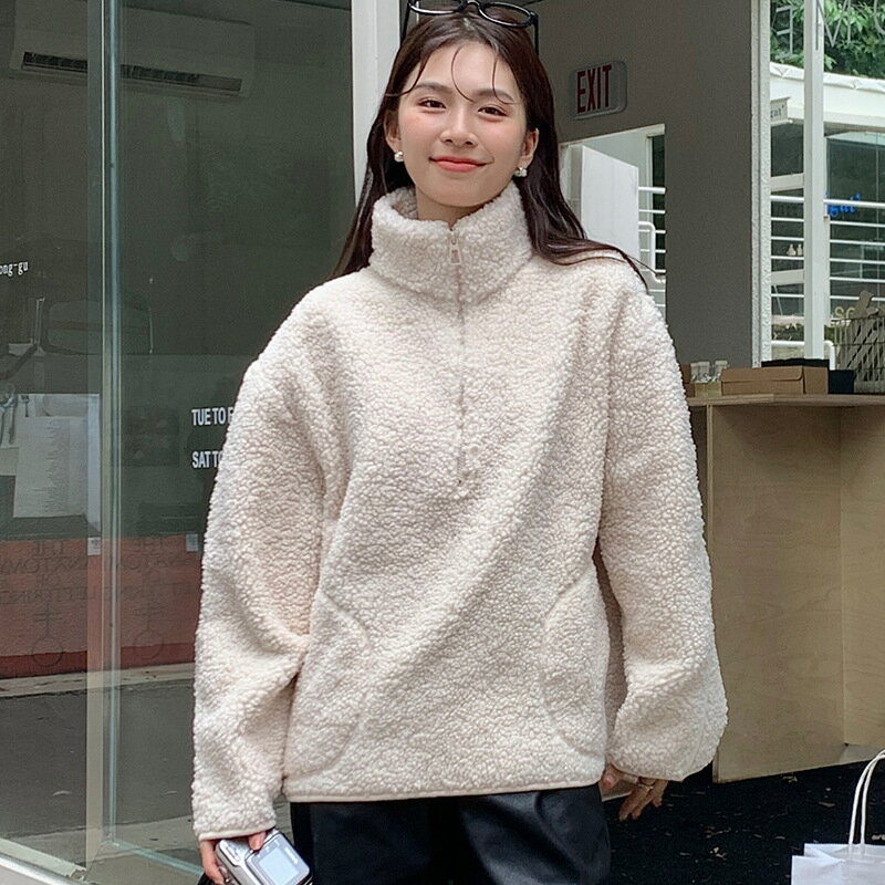 Rakuten - フリースジャケット プルオーバー レディース トップス もこもこ 厚手 フリーストップス 秋 冬 プルパーカー ハイネック フードなし ジャケット ハーフジップ ふわもこ 暖かい ゆったり 無地 体型カバー 通勤 ギフト プレゼント 丸洗いOK 洗濯可能