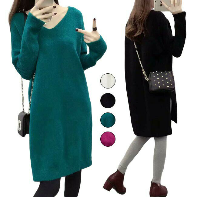 ニットワンピース レディース 春 おしゃれ ショート丈 膝丈 ドルマンスリーブ Vネック 無地 長袖 ゆったり オシャレ オールインワン 夏 秋 春 2020年春新作(4)