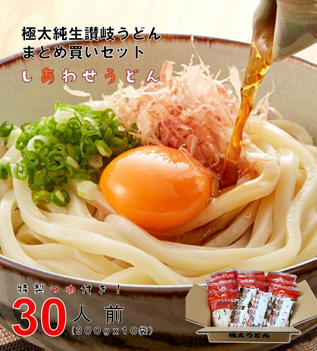 しあわせ製麺 うどん 讃岐うどん 3kg (300gx10袋) 鎌田醬油 つゆ付 送料無料 まとめ買い 30人前 き しあわせ製麺 太麺 うどん プレゼント ギフト 製造直売・直送 matomete-30nin