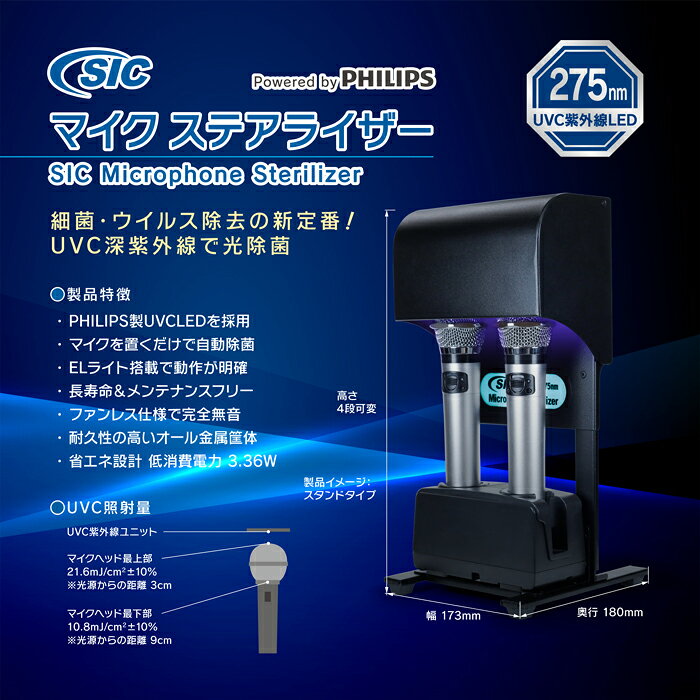 SICプライムストア楽天市場店の【 マイクステアライザー 】 マイク 除菌器 マイククリーナー 壁掛けタイプ 除菌 消毒 消臭 細菌 ウイルス対策 99％不活化 UVC 深紫外線LED 業務用 カラオケ機器 DAM JOYSOUND オーディオテクニカ 赤外線ワイヤレスマイク SIC 日本メーカー製 アフターサービス 即納｜アングル2