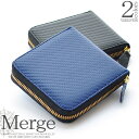 Merge カーボン加工 × 牛革 ラウンドファスナー 二つ折り財布 メンズ box型小銭入れ【送料無料】ショートウォレット 短財布 ボックスコインケース さい...