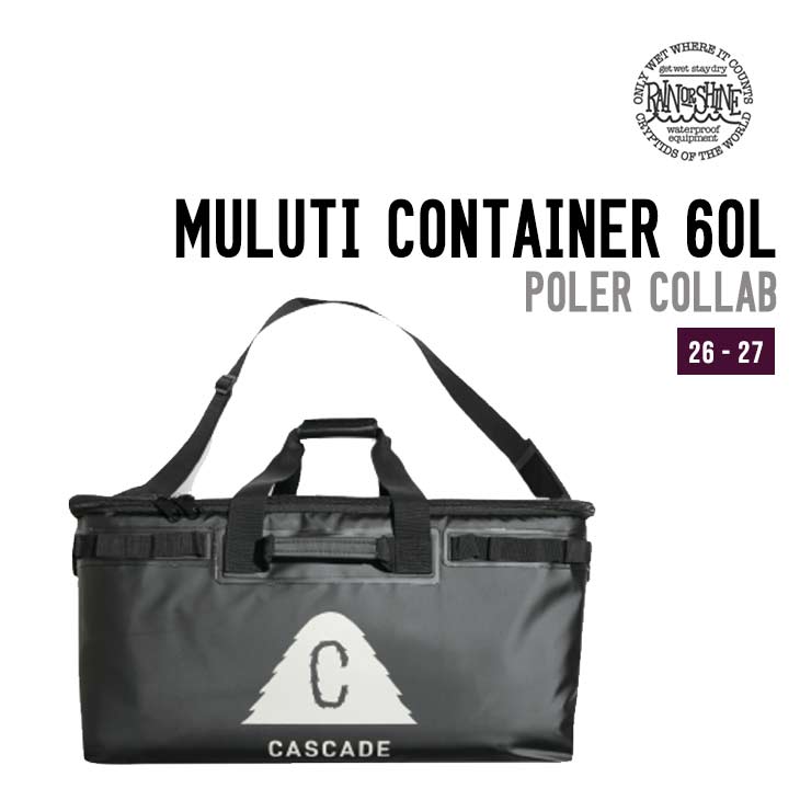 商品名英語: MULUTI CONTAINER 60L - POLER COLLABMakeShop用調整[商品名]: RAIN OR SHINE レインオアシャイン MULUTI CONTAINER 60L - POLER COLLAB商品コード: 2090000013993メーカー名: RAIN OR SHINE販売スタイル: S配送セット番号: 16■モデルの特徴RAIN OR SHINEの「MULUTI CONTAINER 60L - POLER COLLAB」は、約60Lクラスの容量を備えた収納コンテナ。コラボレーションモデルらしいシンプルなデザインで、バックカントリー装備やアパレル類などをまとめて整理しやすい大容量タイプです。ブラックを基調とした落ち着いた外観は、車載や室内での使用にも馴染みます。■完全防水のメインコンパートメントはキャンプからサーフ＆スノーまで幅広く使える60Lのコンテナバッグ。 ■脱着可能なショルダーテープはショルダーパッド付き。■本体内部のスリットポケット。 ■RAIN OR SHINEとCASCADEのワッペン2枚付属、バッグ上面に装着可能。 ■内側には4箇所にジッパーポケットを装備。蓋裏側には大きなメッシュポケットを装備。 ■持ち運びに便利な持ち手をフロント、バック、両サイドの4面に装備。 素材：500D PVC Tarpailinカラー: BLACKサイズ: 60L -H300-W600-D360メーカー名: RAIN OR SHINE ＊商品ページの画像はメーカー画像を使用しております、余儀なく仕様の変更、多少のカラー変更がある場合がございます、あらかじめご了承下さい。