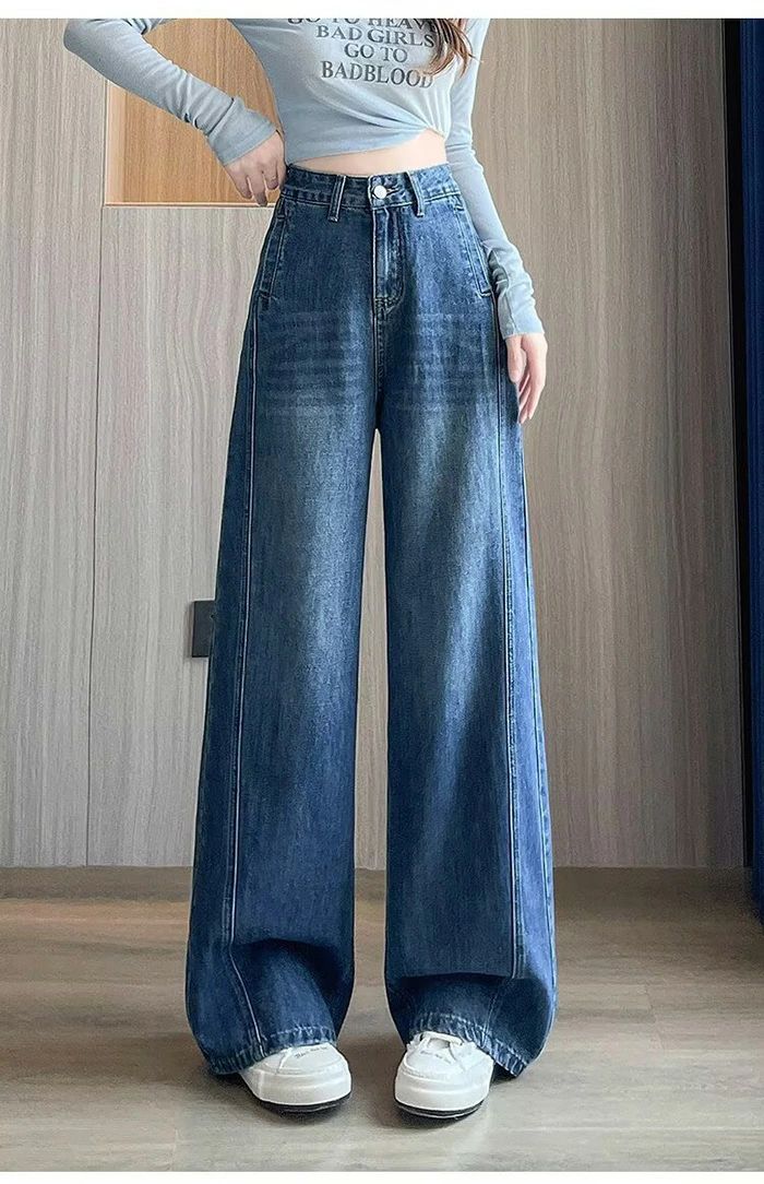 デニムパンツ レディース ワイドパンツ 春秋 ロングパンツ ハイウエスト ジーパン ボトムス 大きいサイズ ロング丈 長ズボン デニム ジーンズ ハイウエスト ストレートパンツ 体型カバー 着痩せ ゆったり 美脚パンツ カジュアル シンプル ブルー 春 秋 送料無料 sideyou-10001879 SIDE YOU楽天市場店 サンプル画像2