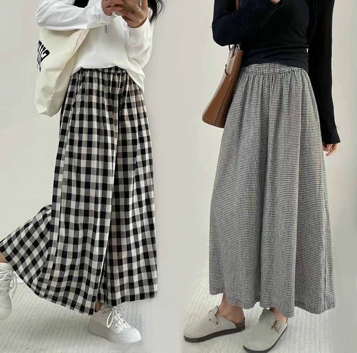 Rakuten - 綿麻 ワイドパンツ レディース ギンガムチェッ コットン リネン パンツ 春夏 レディース ブロックチェック ズボン ボトムス ウエストゴム 大きいサイズ ゆったり 体型カバー オシャレ カジュアル シンプル 着回し チェック ファッション 送料無料