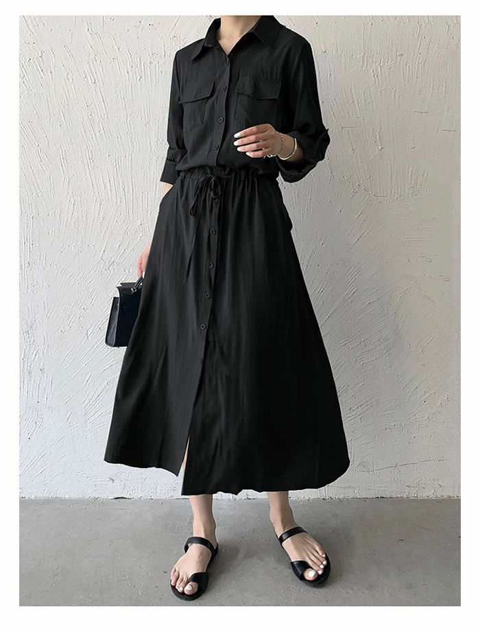 シャツワンピース ロング 長袖 レディース 秋 マキシワンピース ロングワンピース シャツワンピ ロング 通勤 とろみ ロングワンピ ワンピース ゆったり ワンピ ふんわり カジュアル キレイめ 大きいサイズ 体型カバー 着痩せ 黒 白 2
