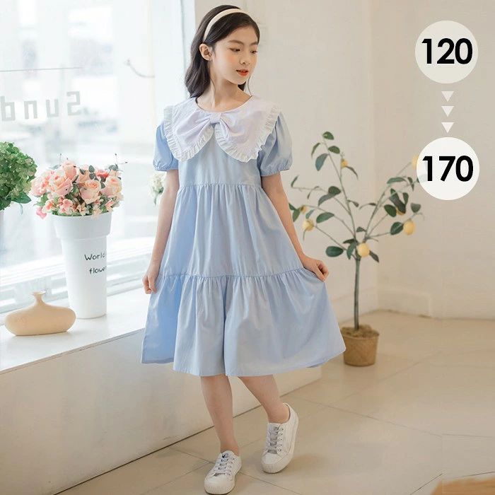 ワンピース キッズ キッズワンピース リボン 半袖 女の子 子供 発表会 ブルー 水色 かわいい シンプル カジュアル 子ども こども服 韓国 卒園式 サマードレス 夏ワンピ 120 130 140 150 160 170
