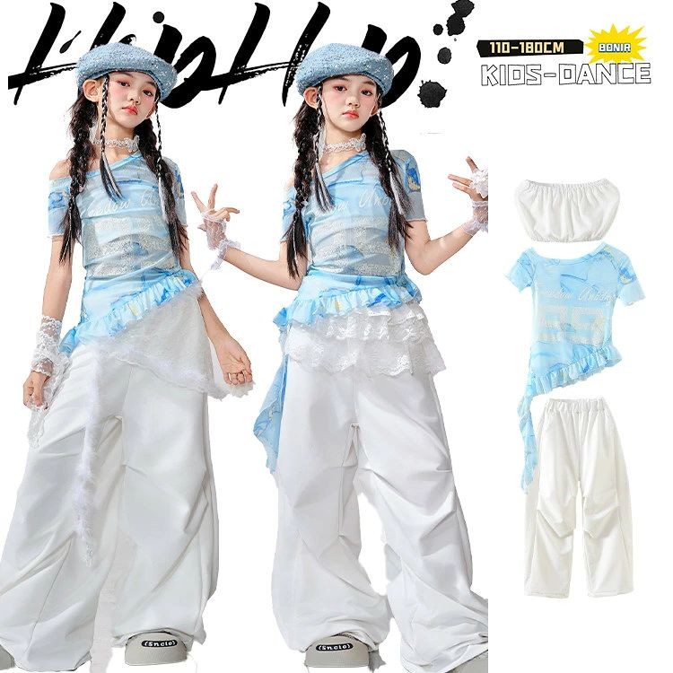 K-POP 女の子 ダンス衣装 ヒップホップ 子供服 ダンス服 ブルー 水色 タイダイ ワンショルダートップス 半袖 ホワイト カーゴパンツ 腰巻きスカート こども ジュニア Y2K 練習着 jazz 小学生 団体服 hiphop 発表会 110-180