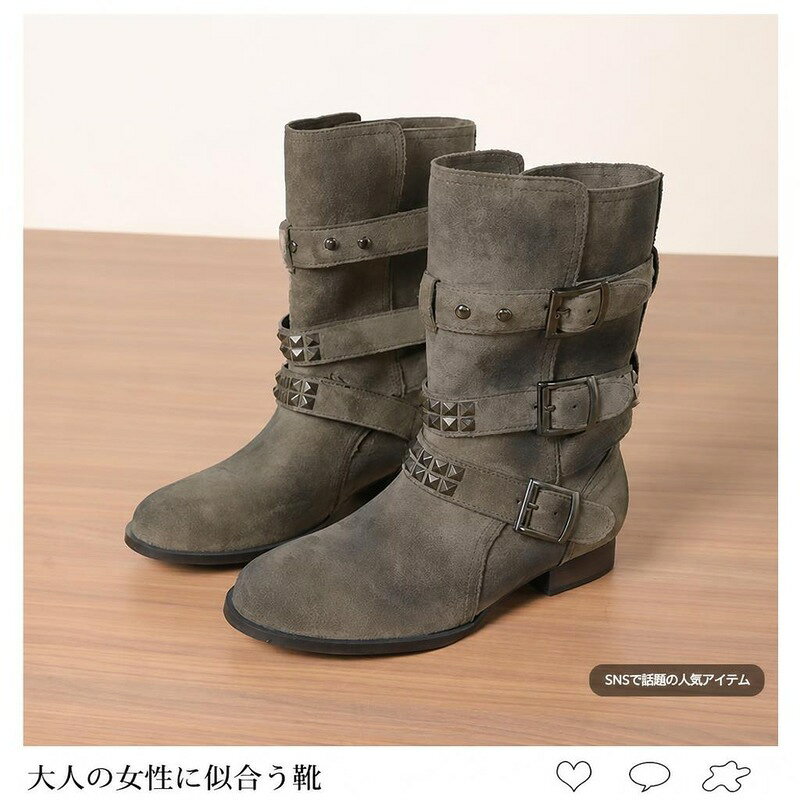 エンジニアブーツ レディース ミドルブーツ バイカーブーツ 折り返し ルーズシルエ...