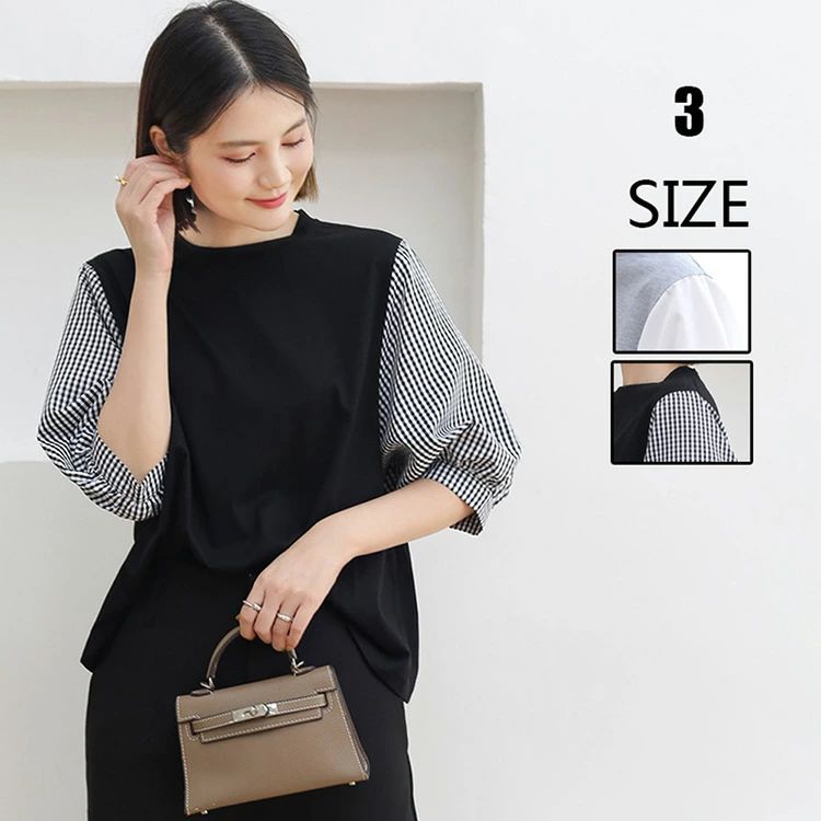 Rakuten - Tシャツ レディース トップス ブラウス 綿混 ドッキング 切り替え 七分丈袖 クルーネック Tシャツ トップス レディース 異素材 大人 上品 チェック柄 おしゃれ 可愛い 春 夏 秋 重ね着風