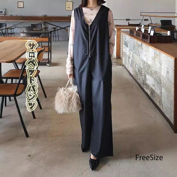 乐天商城 - サロペット パンツ レディース 冬 秋 夏 春 オールインワン とろみ感 サロペットパンツ ワイドパンツ 春秋 マタニティ Vネック 深Vネック きれいめ 着痩せ 大きいサイズ カジュアル オールインワン ゆったり