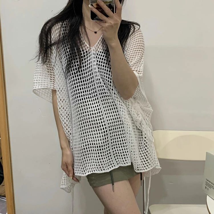 ニットTシャツ レディース 春夏 半袖 ニットトップス 透かし彫りTシャツ vネックミディアム丈ニットソー 薄手 ゆったりプルオーバー おしゃれ 大人 冷房対策 紫外線対策 50代 40代 30代 2