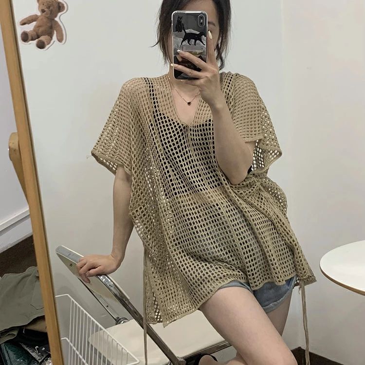 ニットTシャツ レディース 春夏 半袖 ニットトップス 透かし彫りTシャツ vネックミディアム丈ニットソー 薄手 ゆったりプルオーバー おしゃれ 大人 冷房対策 紫外線対策 50代 40代 30代 3
