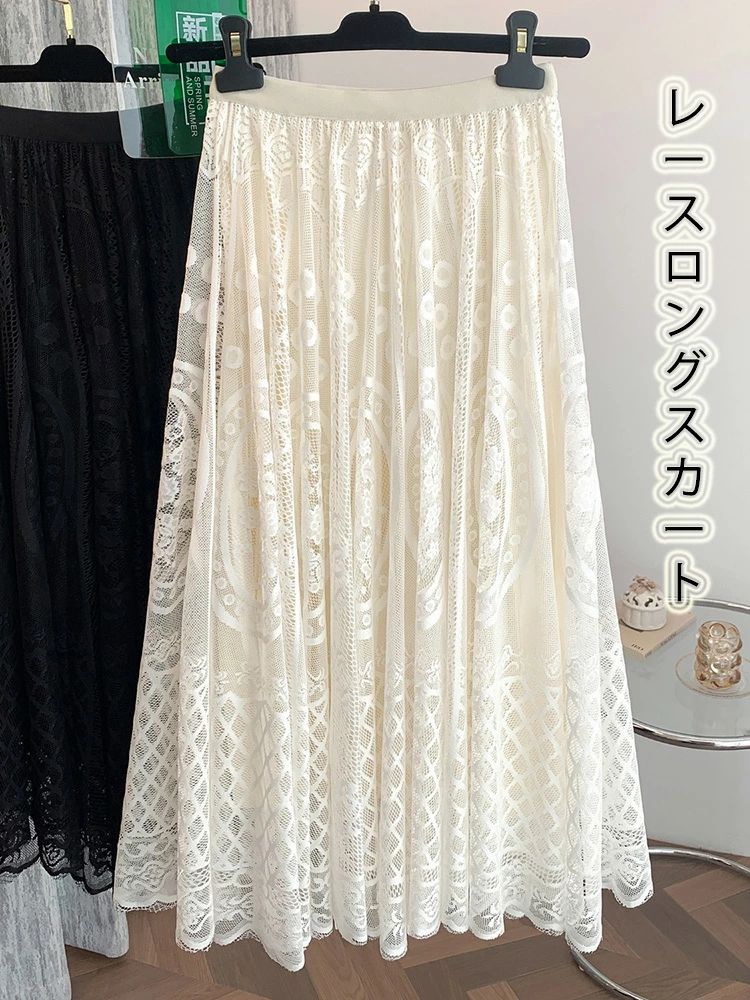 Rakuten - レースロングスカート レディース フラワー 花柄 フレア ミモレ丈 ウエストゴム ボリューム感 レース Aライン シアー ロング 春 夏 秋 裏地付き オールシーズン マキシスカート フレア 無地 体型カバー 動きやすい