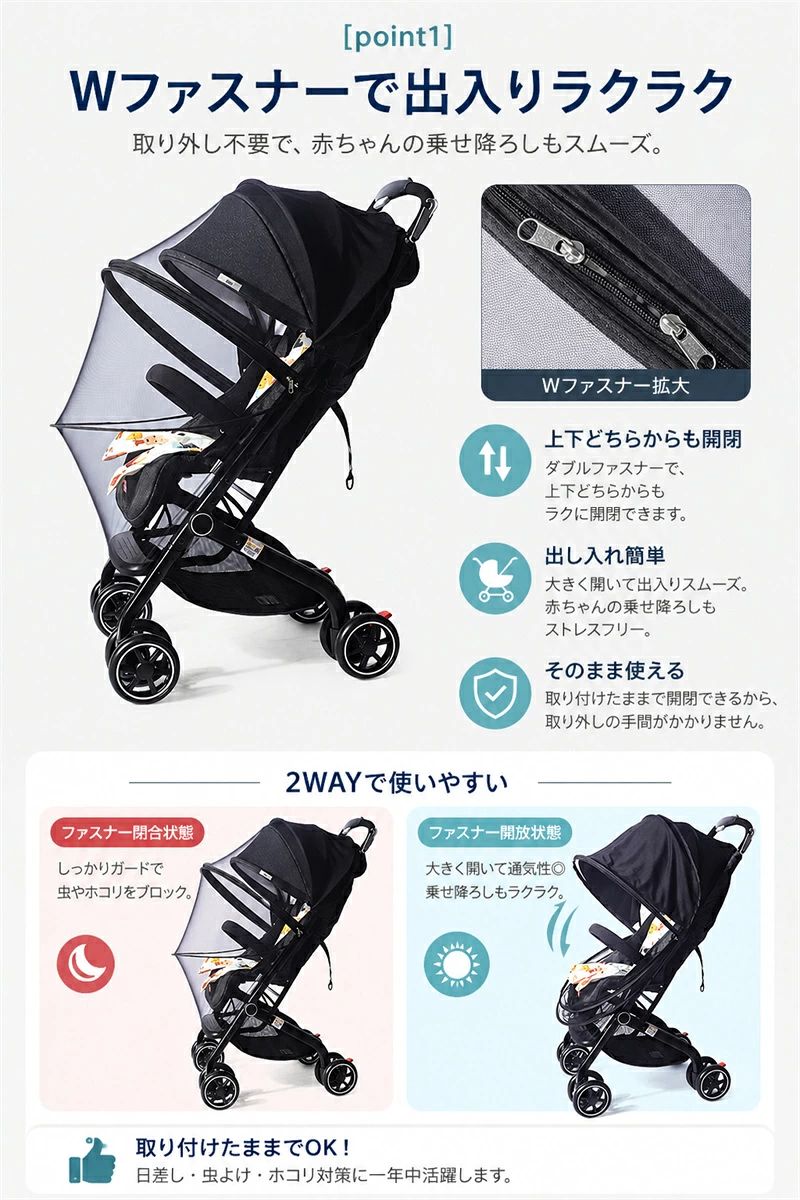 SIDE YOU楽天市場店のベビーカー 蚊帳 日よけ 2way サンシェード UVカット ベビーカー用蚊帳 虫よけ 防虫ネット 虫よけネット 日よけネット ネット ベビーカー 虫除けカバー 日よけカバー ベビーカーカバー ファスナー 取付簡単 メッシュ 高密度 全面保護｜アングル2