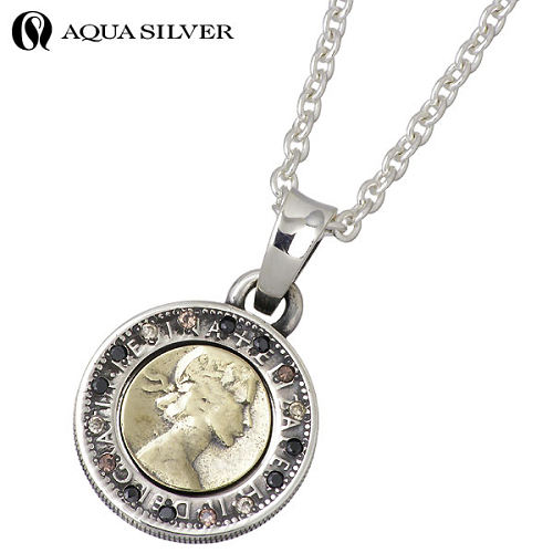 アクアシルバー AQUA SILVER 6ペンスコイン ゴールドカラーストーン シルバー ネックレス アクセサリー チェーン付き シルバー925 スターリングシ...
