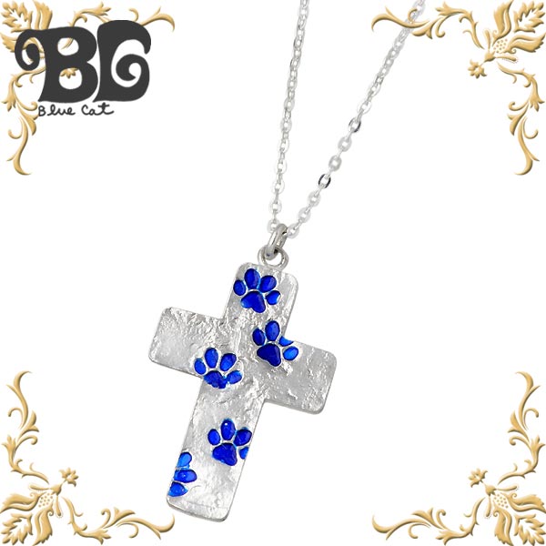 ブルーキャット Blue Cat シルバー 猫 足あと ネックレス アクセサリー ネコ クロス 十字架 シルバー925 スターリングシルバー SPV768-12...