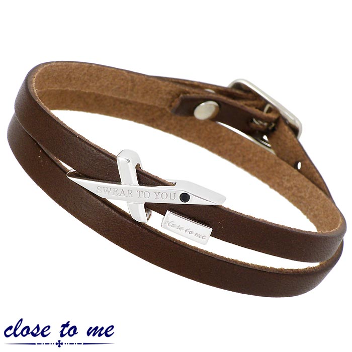 クロストゥーミー close to me 二重レザーシルバー ブレスレット アクセサリー メンズ ブラックスワロフスキー クロス 十字架モチーフ ブラウンレザー...