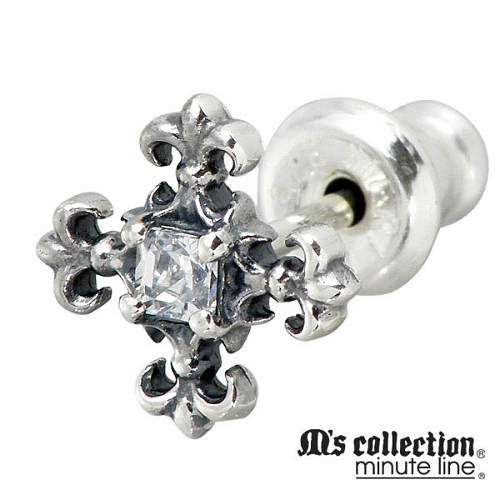 エムズコレクション M's collection キュービック & クロス スタッド シルバー ピアス アクセサリー 1個売り 片耳用 十字架 ユリ CZ シル...