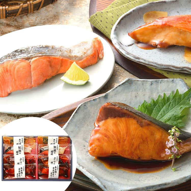 【スーパーSALE 10%OFF！】鳥取 山陰大松 氷温熟成 煮魚 焼魚ギフトセット8切 金目鯛と黄金生姜の煮付けx2 ブリの照り焼きx2 紅鮭塩焼きx2 さばの味噌煮x2 お歳暮 お中元 ご進物 ギフト 贈り物に最適 ※離島は配送不可