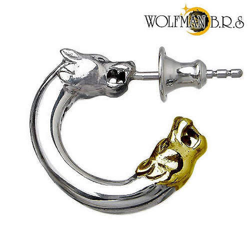 ウルフマンB.R.S WOLFMAN B.R.S ウルフ Wヘッド シルバー フープ スタッド ピアス アクセサリー 1個売り 片耳用 ゴールド 狼 シルバー9...