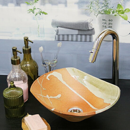 【ブラックフライデー限定15%OFFクーポン配布中】信楽焼 和風 おしゃれ あかつき長角ソリ型 ミニ 手洗い鉢 洗面鉢 お洒落 洗面器 手洗器 手洗鉢 洗面ボー...