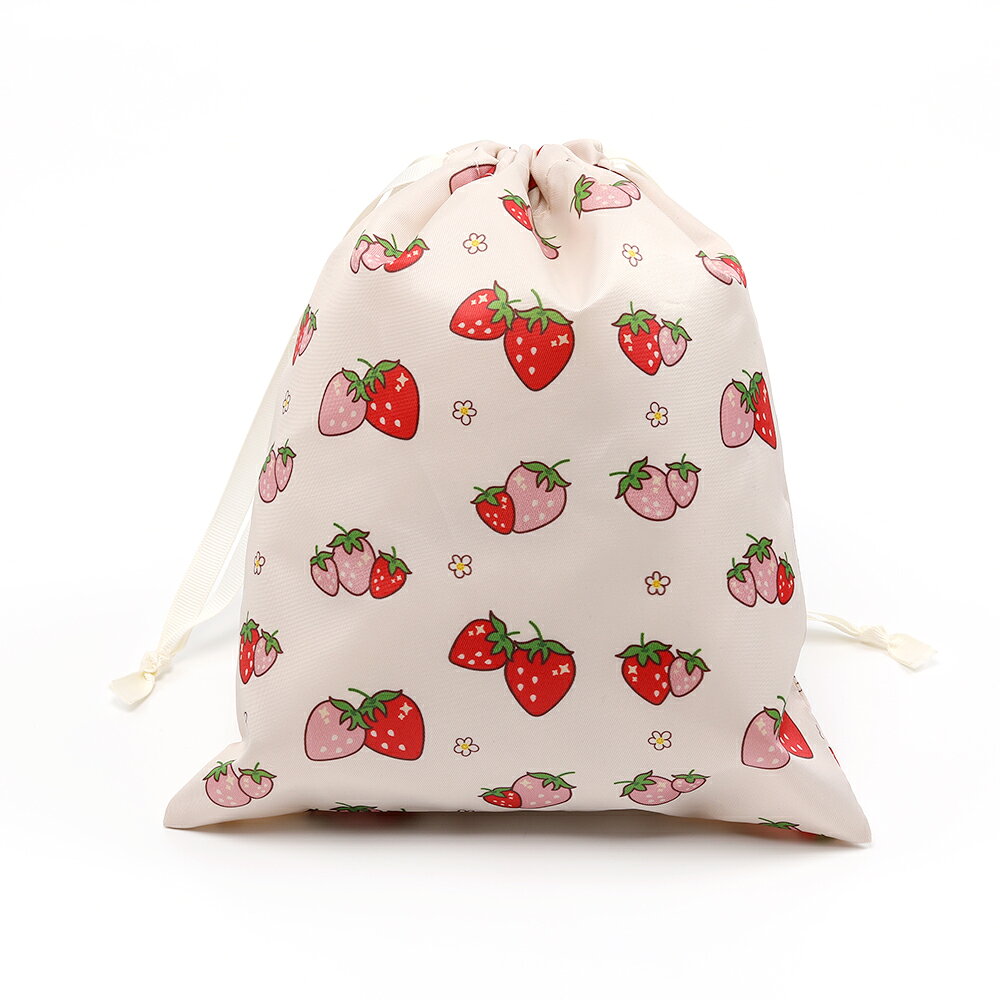 いちご柄巾着袋 収納袋 小物入れ お菓子入れ ナプキン入れ アクセサリー入れ いちごモチーフ 苺柄プリント