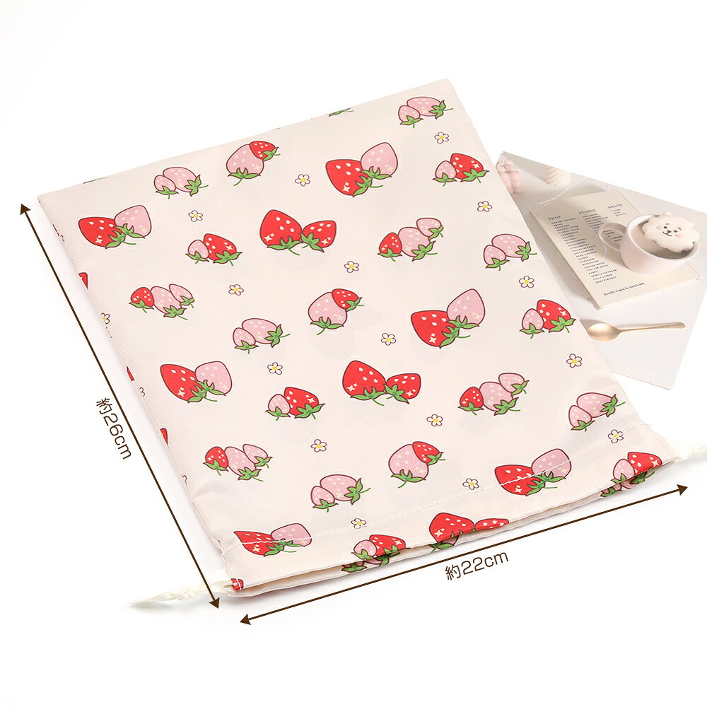 いちご柄巾着袋 収納袋 小物入れ お菓子入れ ナプキン入れ アクセサリー入れ いちごモチーフ 苺柄プリント