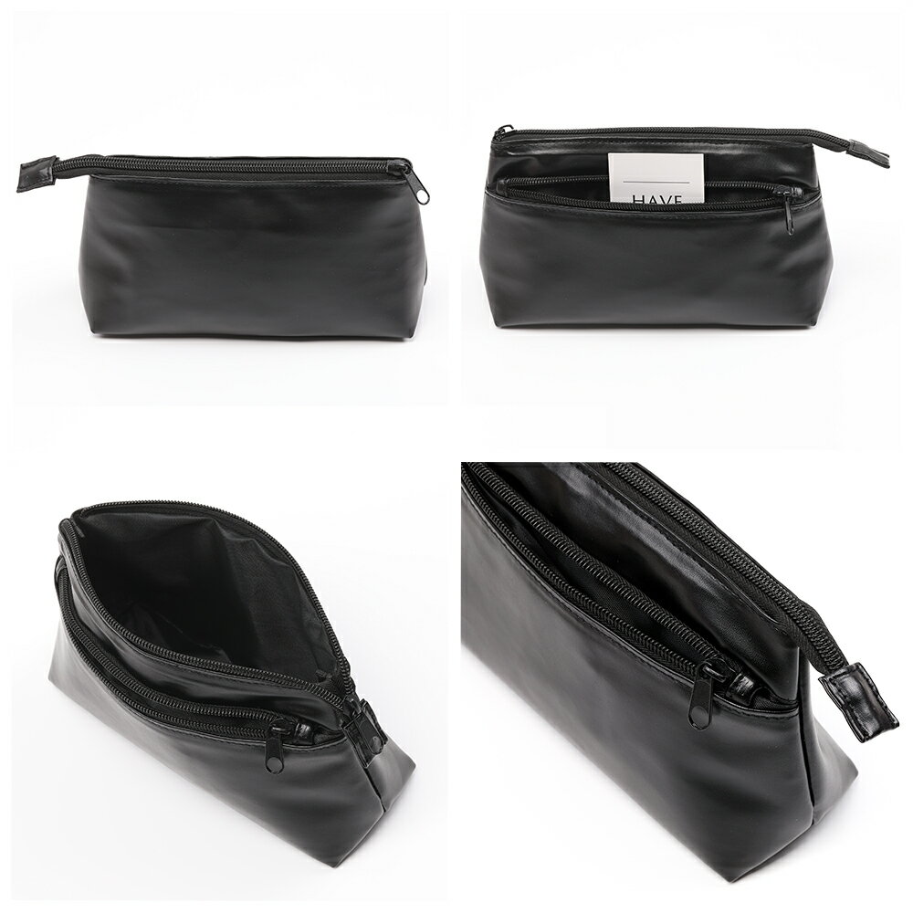 収納ポーチ コスメバッグ PUレザー ファスナータイプ ブラック 約6.5×12×19cm（1ヶ）