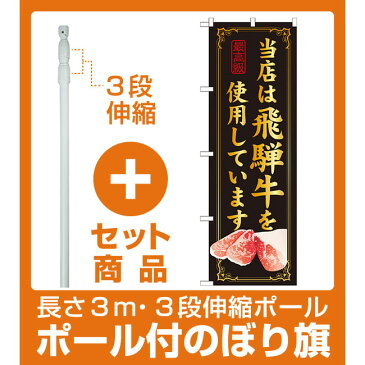 【セット商品】3m・3段伸縮のぼりポール(竿)付 のぼり旗 当店は飛騨牛を使用 (SNB-21)