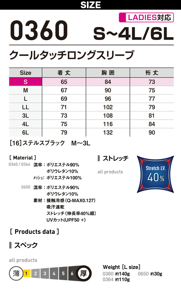 シンメン クールタッチロングスリーブ 6L 0360 大きいサイズ 男女兼用 ストレッチ 接触冷感 吸汗速乾 UVカット 放湿 消臭テープ 春夏 インナー 通気メッシュ ユニセックス ユニフォーム 作業着 作業服 Shinmen