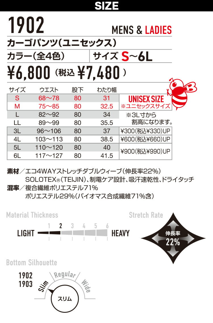 2025年新商品 バートル カーゴパンツ 1902 5L 6L JIST8118 制電ケア ストレッチ 吸汗速乾 リサイクル 男女兼用 メンズ レディース エコ 春夏 作業ズボン BURTLE