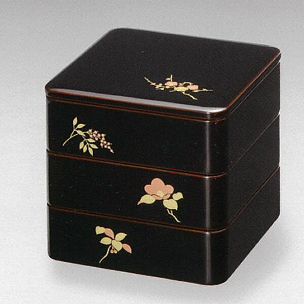 【越前漆器】草花蒔絵　溜内朱　三段重