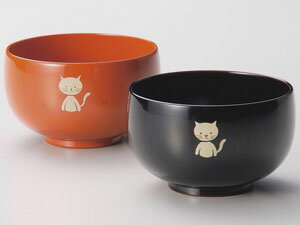 漆器のしもむら 【越前漆器】●ねこ　夫婦汁椀　黒と洗朱　/両親へ・ブライダル・結婚祝い・ペアセット・お碗・御祝