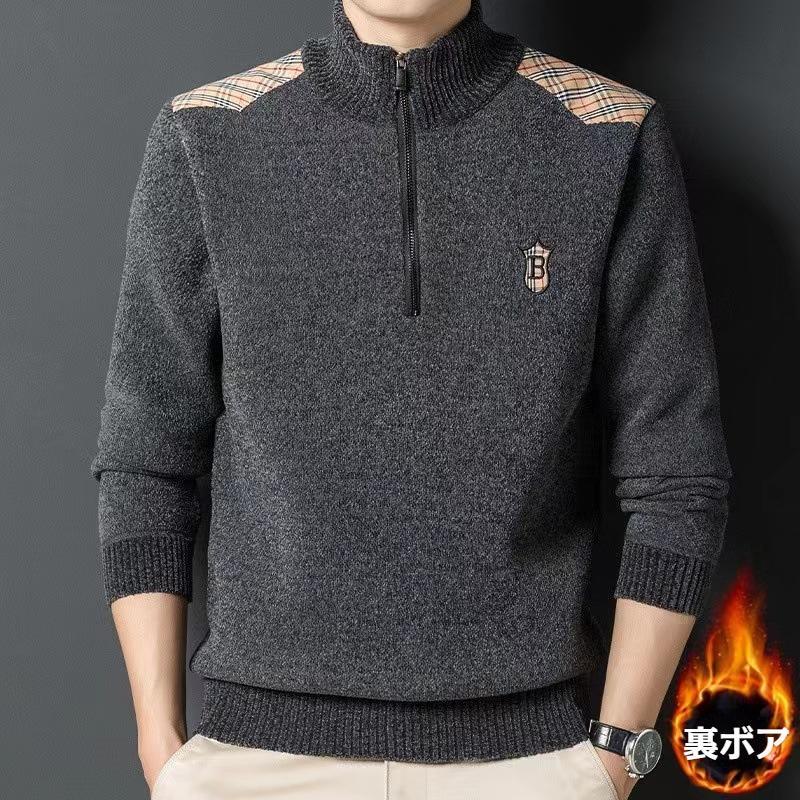 ワンポイントとなるロゴ刺繍入りの立ち襟裏ボアセーター メンズ 長袖 カラー配色 切り替え ボア 暖かい スタンドカラー ハーフジップ 防寒対策 保温 冬物 コーデ