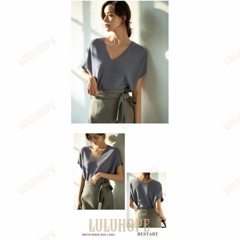 カットソー Tシャツ ブラウス レディース 春 夏 Vネック トップス 薄手 ニット 柔らかい 半袖 ストレッチ 接触冷感 オフィス 通勤 OL 上品 女性らしい 大人 おし