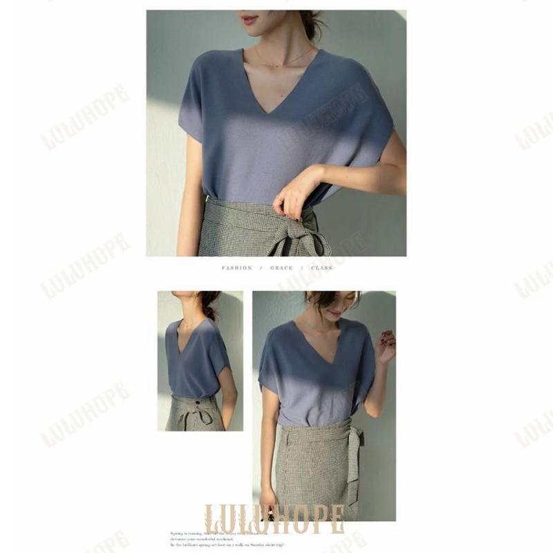 カットソー Tシャツ ブラウス レディース 春 夏 Vネック トップス 薄手 ニット 柔らかい 半袖 ストレッチ 接触冷感 オフィス 通勤 OL 上品 女性らしい 大人 おし