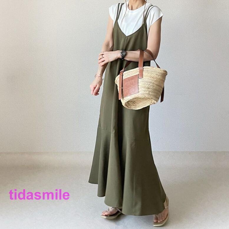 ジャンパースカート サロペット キャミワンピース レディース 夏 マーメイド裾 キャミソールワンピース フレア ロングワンピース オールインワン