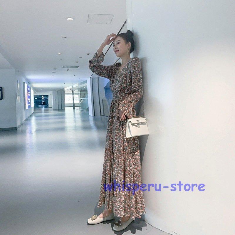 ワンピース レディース マキシワンピース 小花 長袖 秋 Vネック 花柄 ワンピース フレアーワンピース きれいめ 上品 S3XL