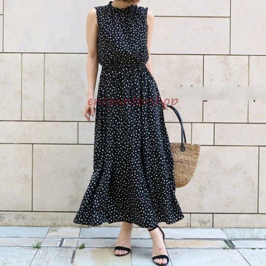 ワンピース レディース 40代 黒 白ワンピース 春夏 ノースリーブ シフォンワンピース きれいめ ドット柄ワンピース Aラインスカート 上品 オシャレ結婚式ドレス