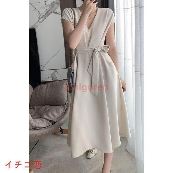 ワンピース レディース 40代 きれいめ マキシワンピース 春夏 半袖ワンピース 黒/白 Vネック リボン Aラインスカート オシャレ大人 ゆったり 通勤OL シンプル